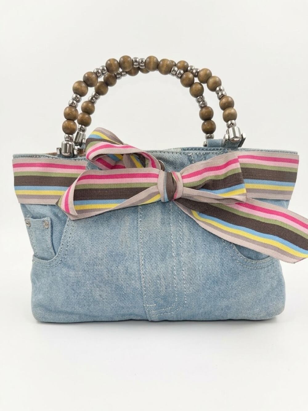 Braciano Y2K Denim Handbag Striped Bow Wooden Bead Handles Jean Purse